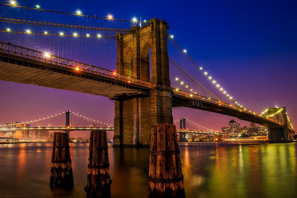 brooklyn, bridge, new york, new york city, new york state, us state, state, hudson, hudson river, river, city, skyline, skyscrapers, skyscraper, reflection, dusk, nighttime, lights